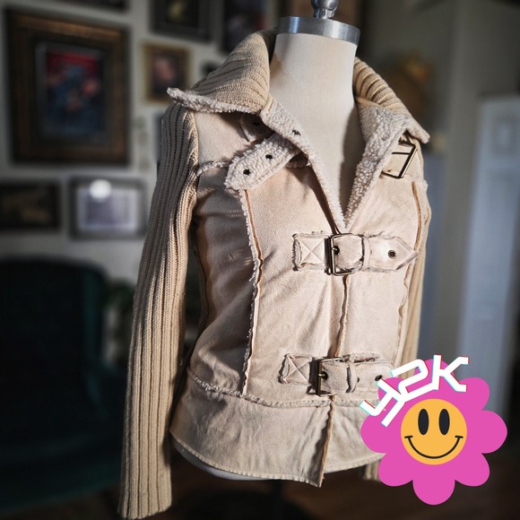 Glimmer Jackets & Blazers - Y2K Glimmer Faux Shearling Buckle Jacket Cream Knit Sleeve Moto Sweater Jacket